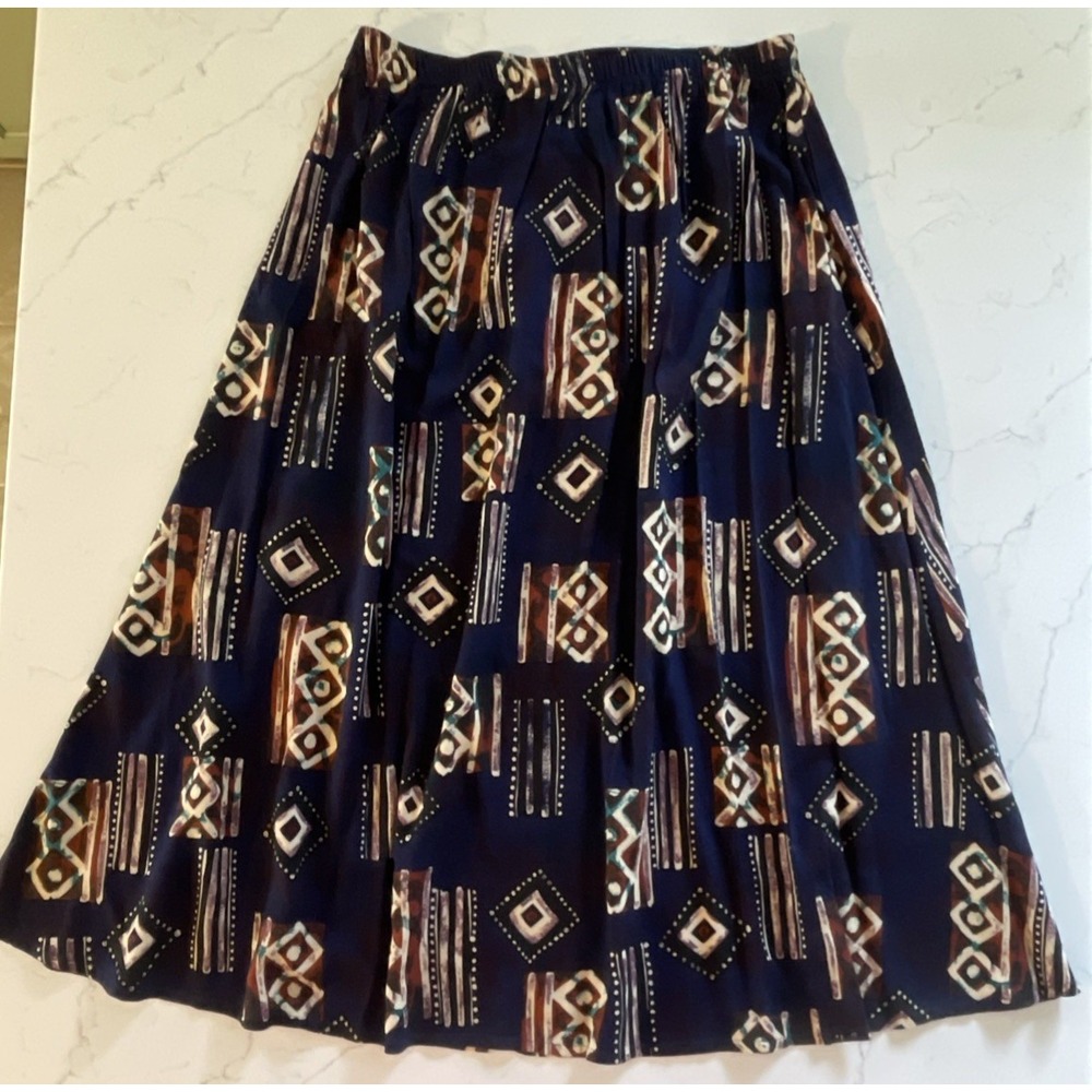 VTG 90s Skirt‎ Plus 1X Blue Geometric Aztec Print Boho Elastic Waist MIDI